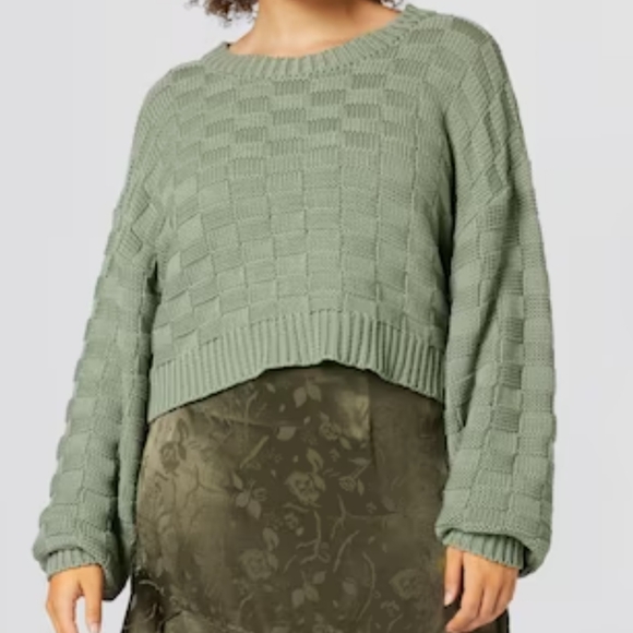 Double Zero Sweaters - Double Zero Sage Basketweave Cropped Oversized Crewneck Sweater Size Large
